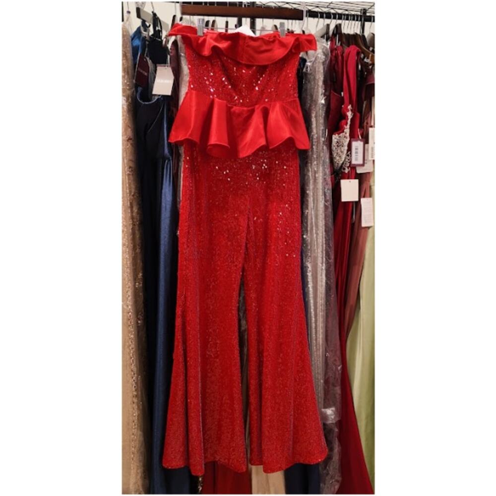 U Lady Juice Evening Jumpsuit Womens Medium Red Sequins Peplum Ruffle Glam Gala - Picture 4 of 6